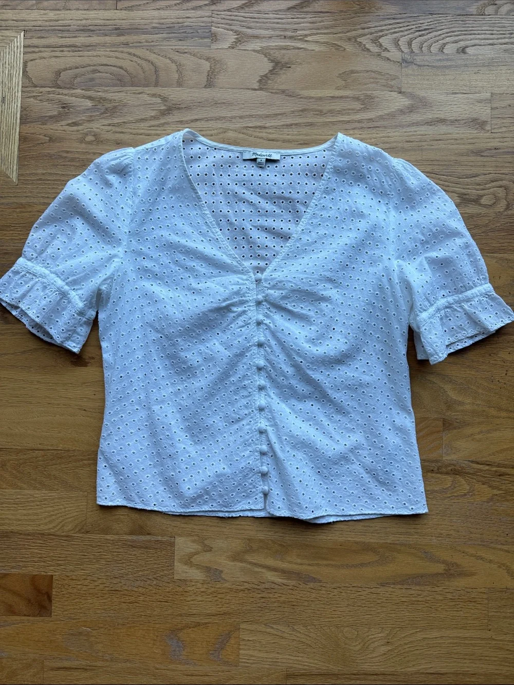 Madewell White Eyelet V-Neck Button Front Blouse